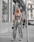 Strapless Sequin Crop Top & Wide Leg Pants Set H5295