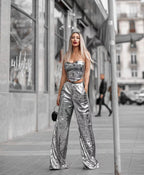 Strapless Sequin Crop Top & Wide Leg Pants Set H5295