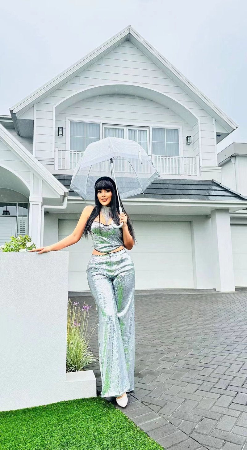 Strapless Sequin Crop Top & Wide Leg Pants Set H5295