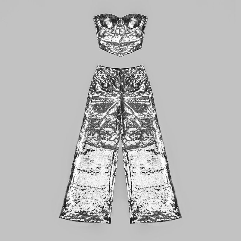 Strapless Sequin Crop Top & Wide Leg Pants Set H5295