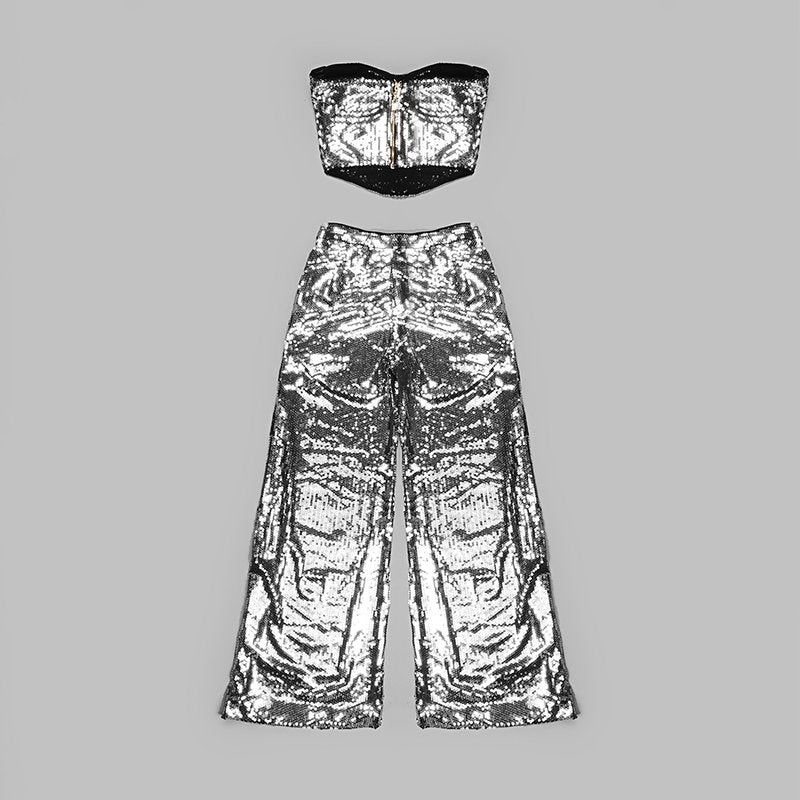 Strapless Sequin Crop Top & Wide Leg Pants Set H5295