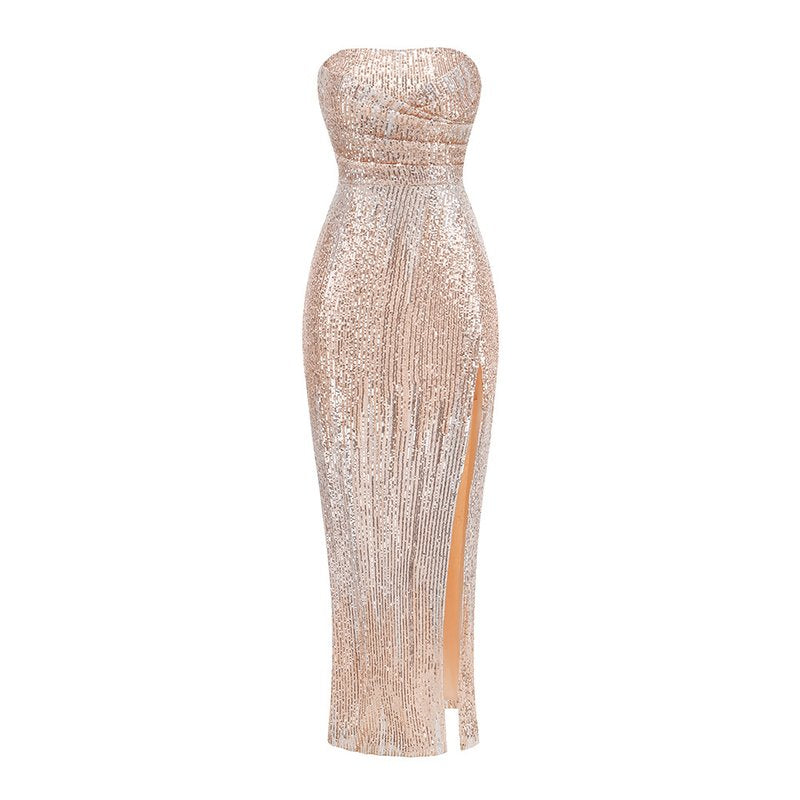 Strapless Sequin Gown with High Slit H6648