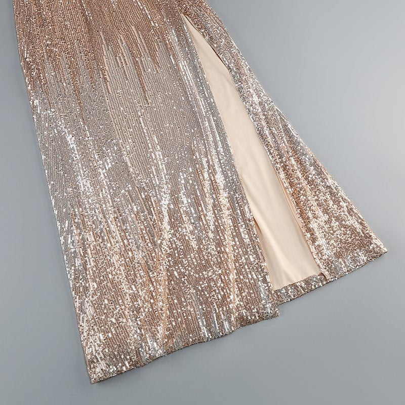 Strapless Sequin Gown with High Slit H6648