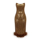Strapless Sequin Midi Dress with Feather Hem H5013