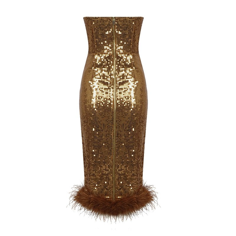 Strapless Sequin Midi Dress with Feather Hem H5013
