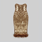 Strapless Sequin Midi Dress with Feather Hem H5013