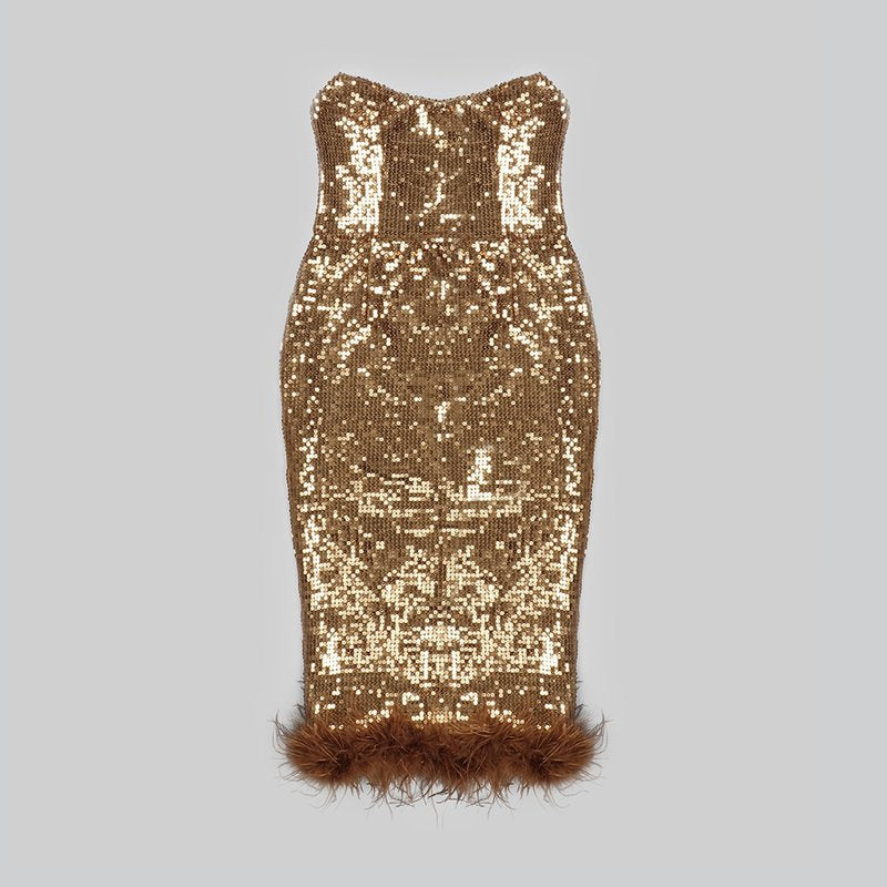 Strapless Sequin Midi Dress with Feather Hem H5013