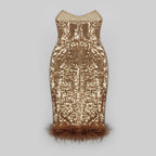 Strapless Sequin Midi Dress with Feather Hem H5013