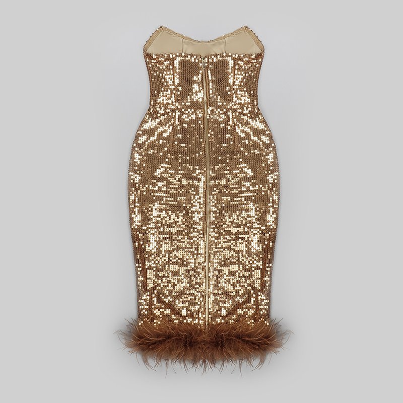 Strapless Sequin Midi Dress with Feather Hem H5013