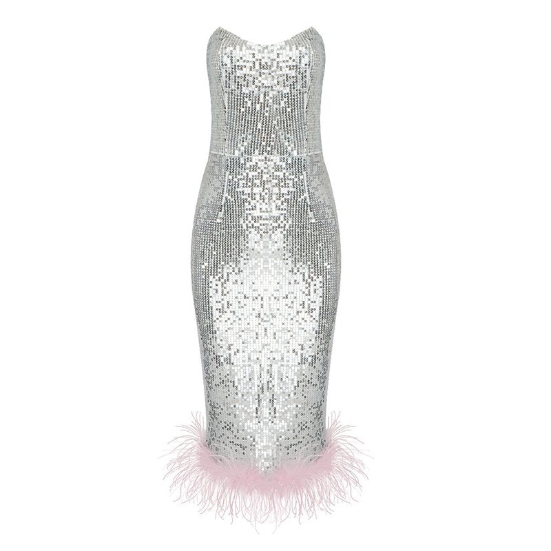 Strapless Sequin Midi Dress with Feather Hem H5013
