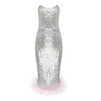 Strapless Sequin Midi Dress with Feather Hem H5013