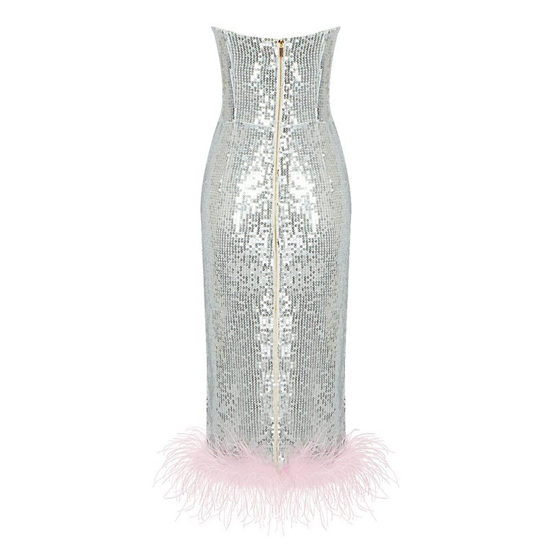 Strapless Sequin Midi Dress with Feather Hem H5013