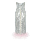 Strapless Sequin Midi Dress with Feather Hem H5013