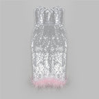 Strapless Sequin Midi Dress with Feather Hem H5013