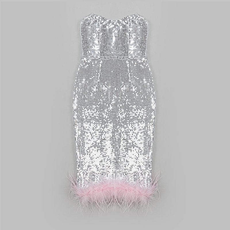 Strapless Sequin Midi Dress with Feather Hem H5013
