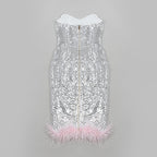 Strapless Sequin Midi Dress with Feather Hem H5013