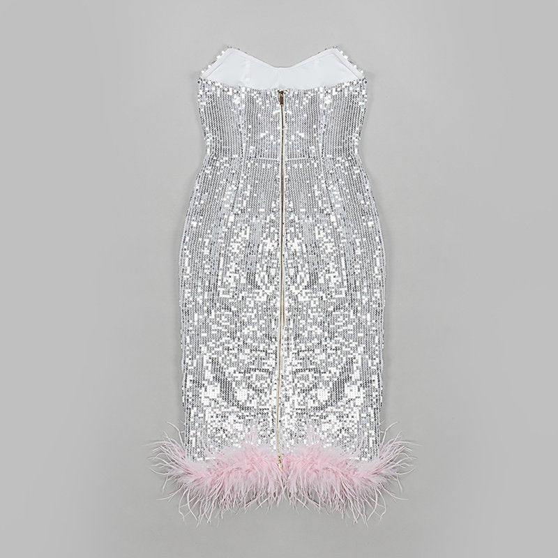 Strapless Sequin Midi Dress with Feather Hem H5013