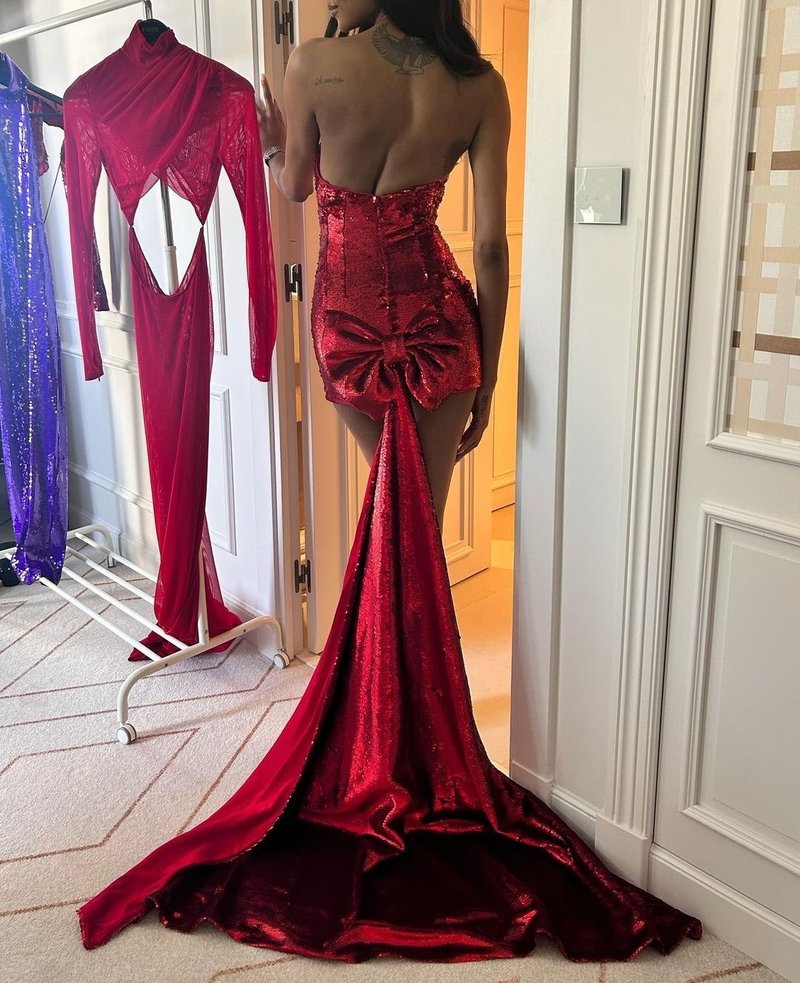 Strapless Sequin Mini Dress with Train H5974