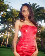 Strapless Sequin Mini Dress with Train H5974