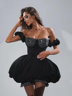 Strapless Sequin Puff Sleeve Mini Dress H6709