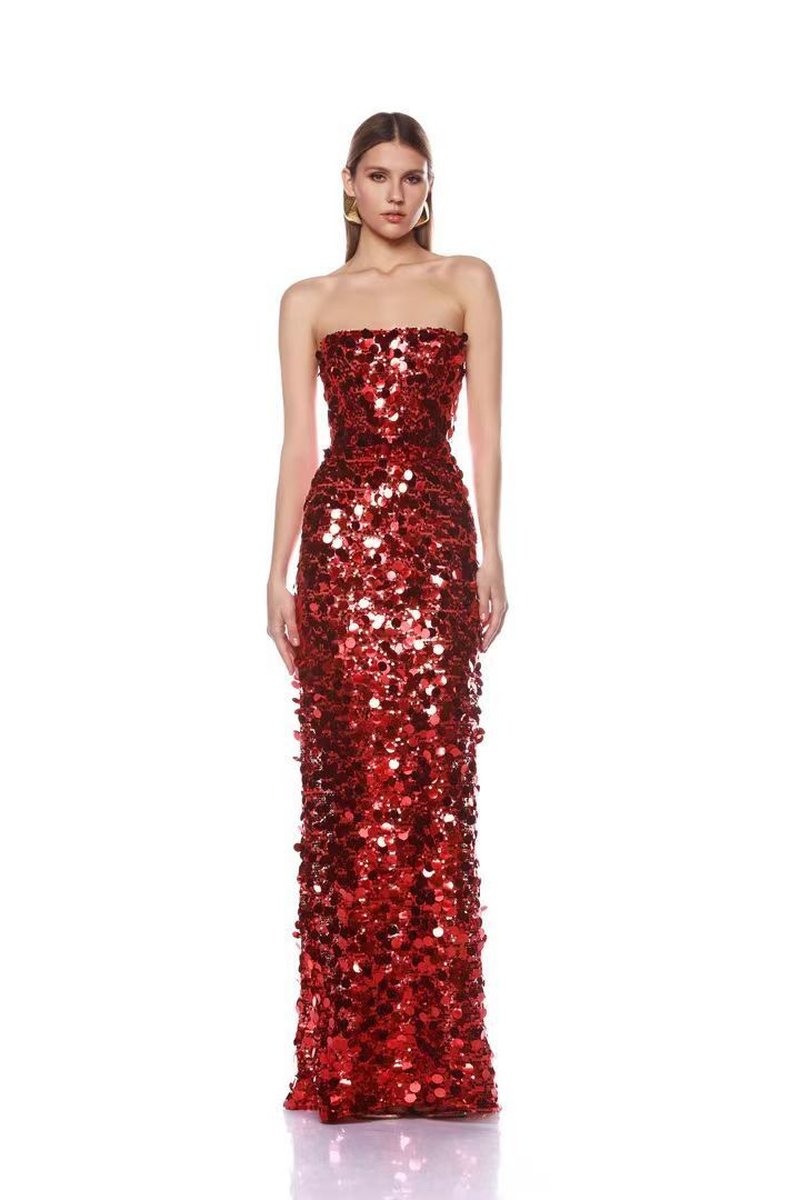 Strapless Sequin Red Mermaid Gown H6623
