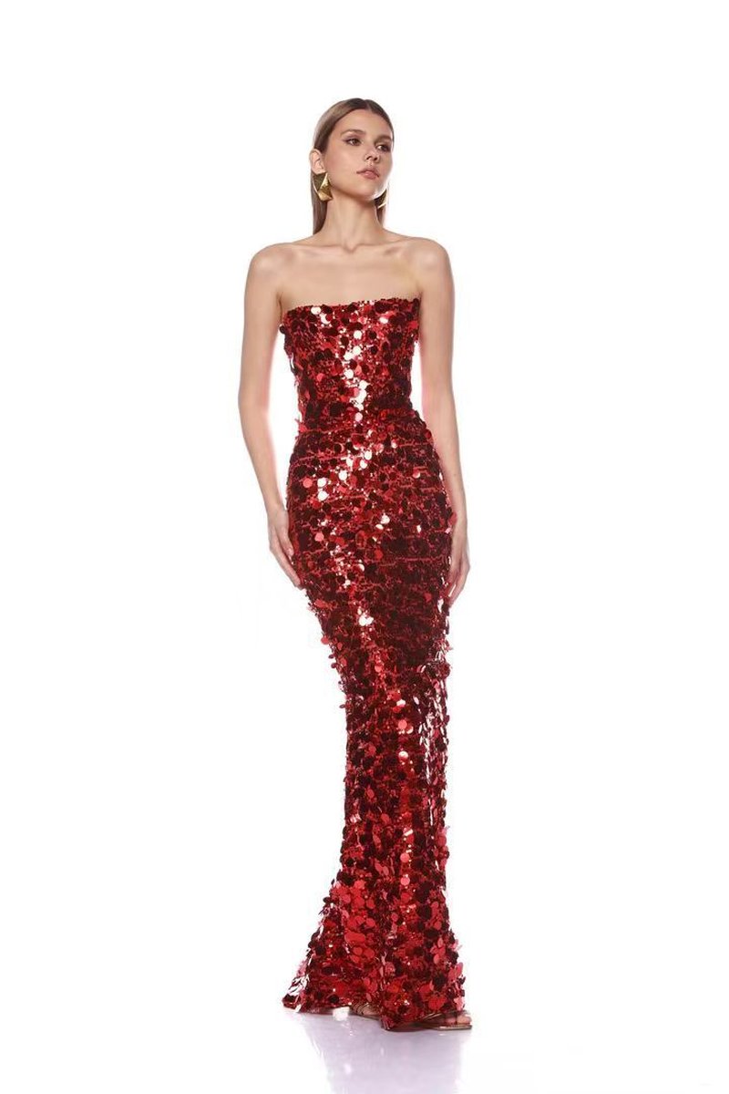 Strapless Sequin Red Mermaid Gown H6623