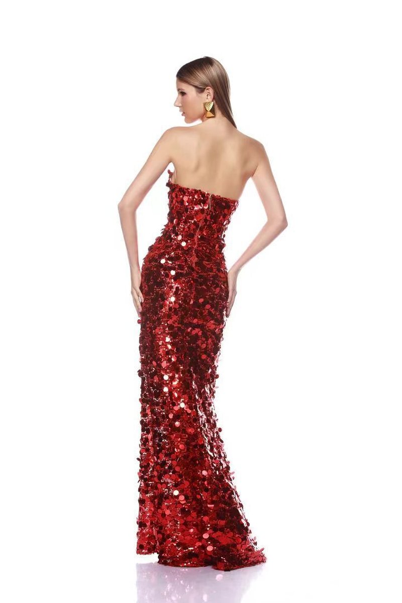 Strapless Sequin Red Mermaid Gown H6623