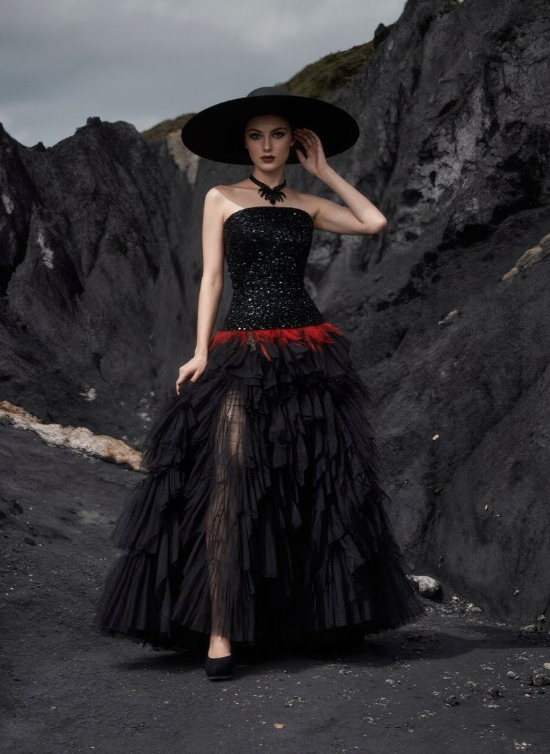 Strapless Sequin Ruffle Maxi Dress H7113