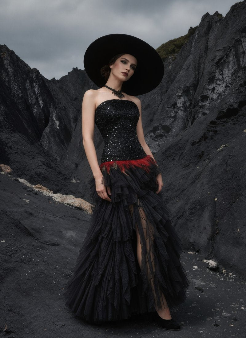 Strapless Sequin Ruffle Maxi Dress H7113