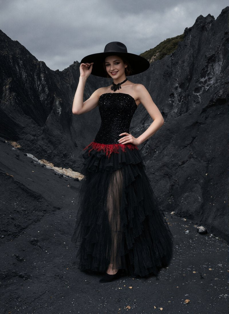 Strapless Sequin Ruffle Maxi Dress H7113