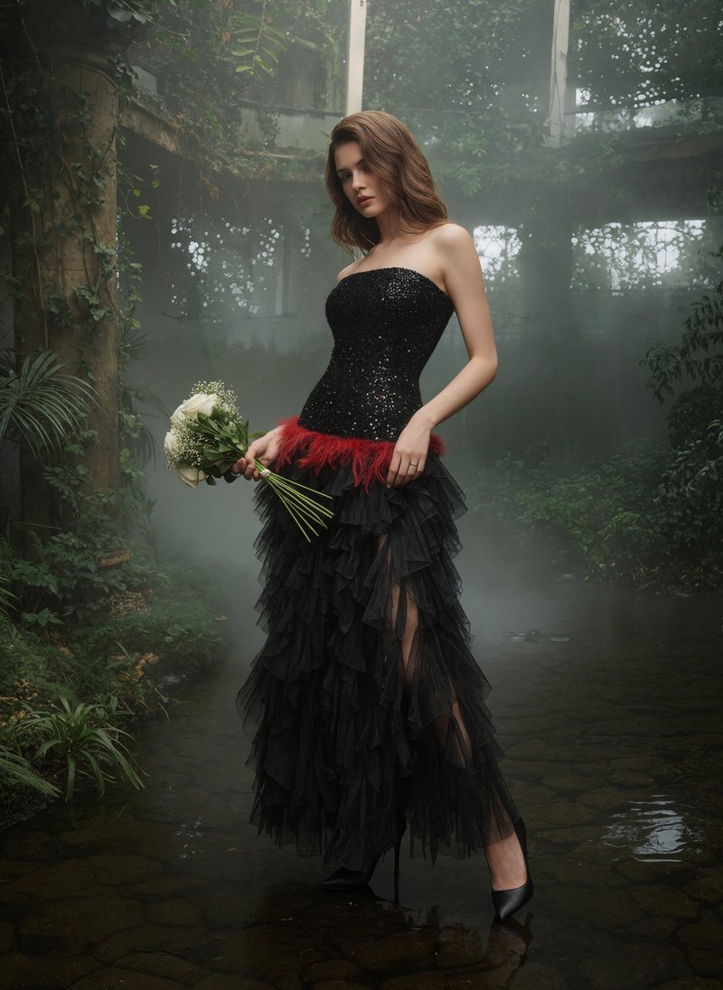 Strapless Sequin Ruffle Maxi Dress H7113