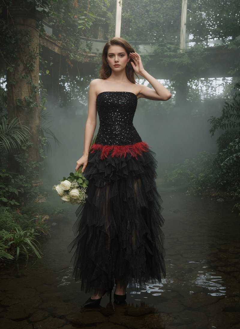 Strapless Sequin Ruffle Maxi Dress H7113