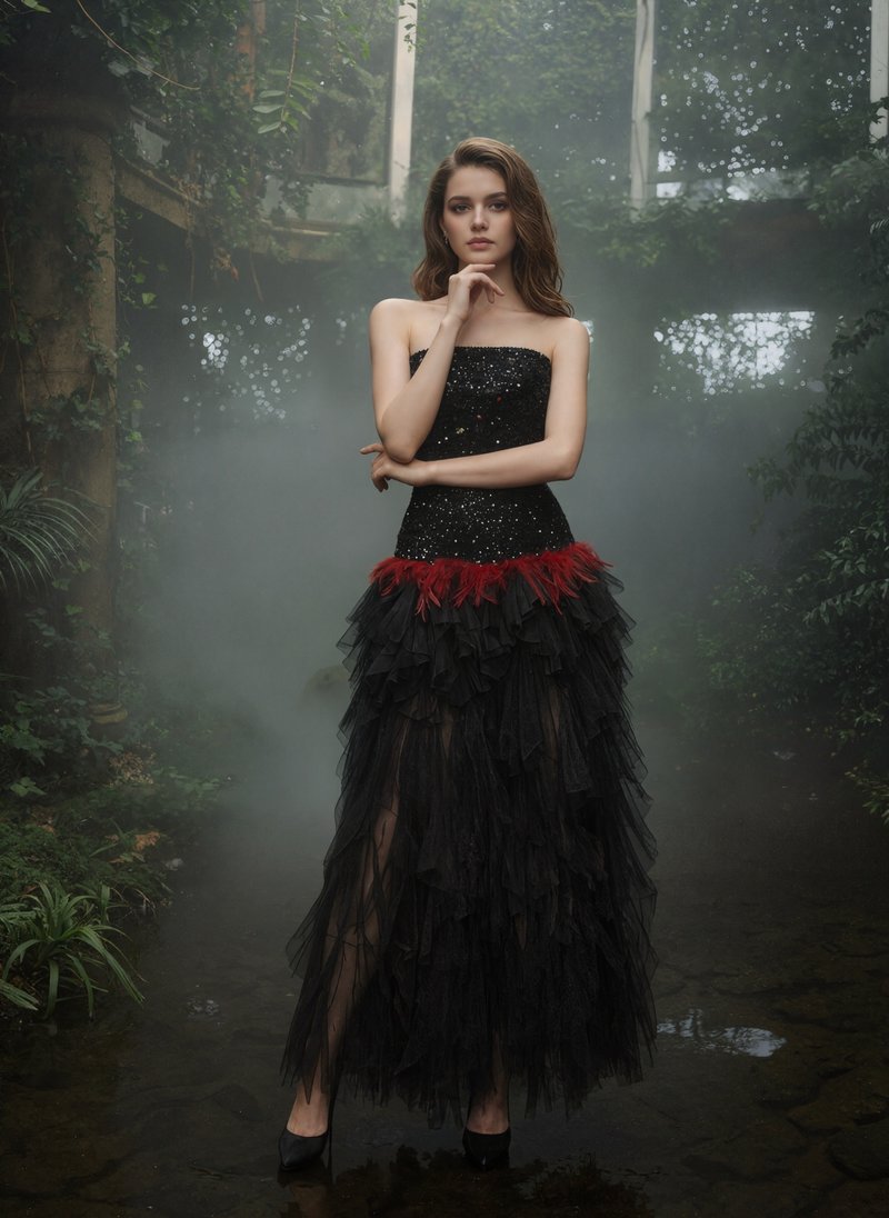 Strapless Sequin Ruffle Maxi Dress H7113