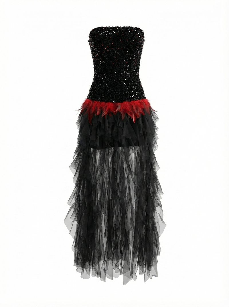 Strapless Sequin Ruffle Maxi Dress H7113