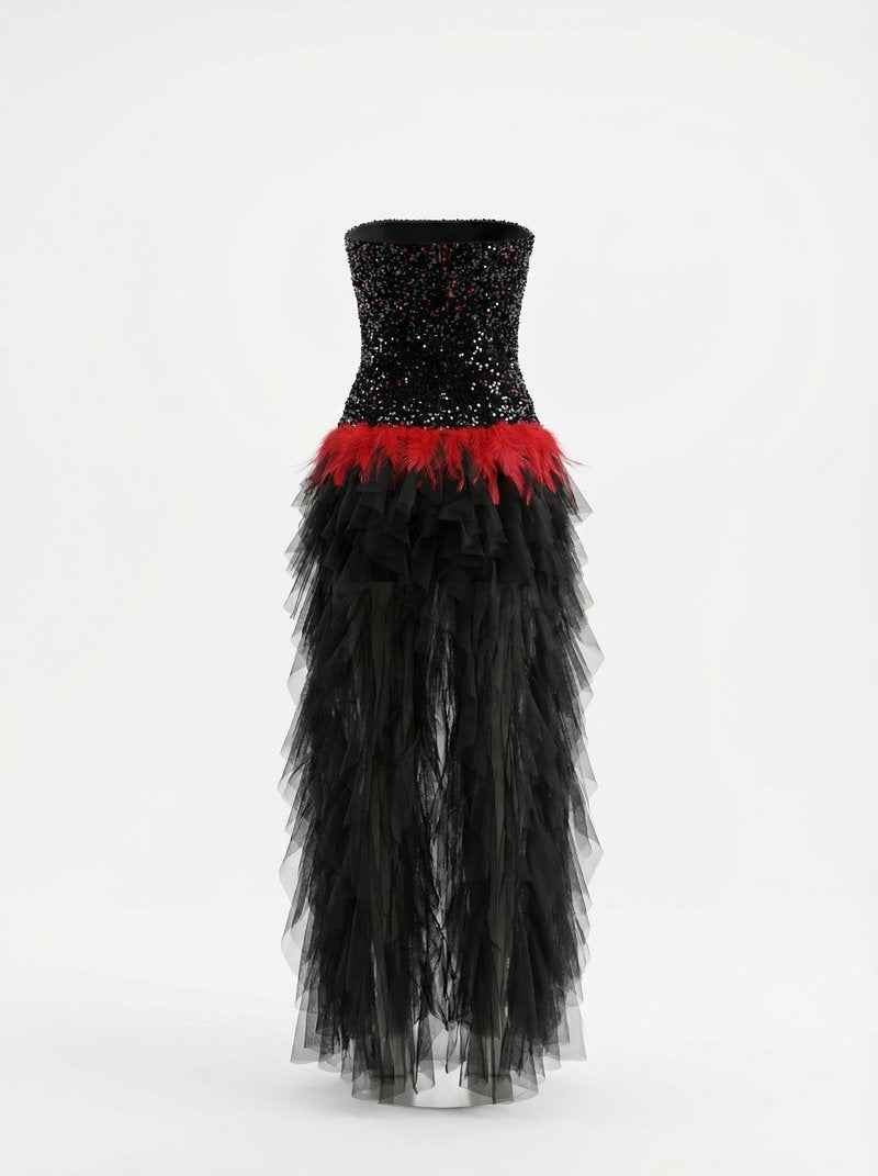 Strapless Sequin Ruffle Maxi Dress H7113