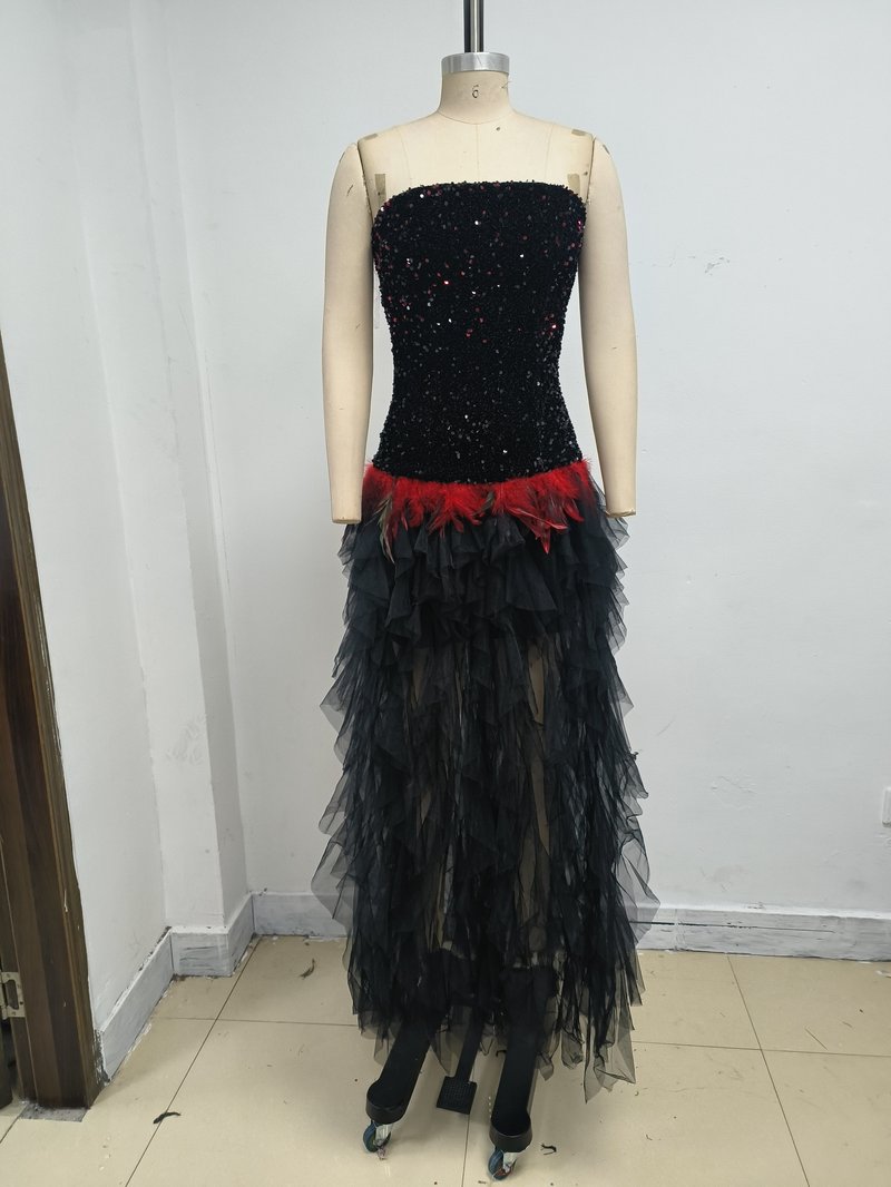 Strapless Sequin Ruffle Maxi Dress H7113