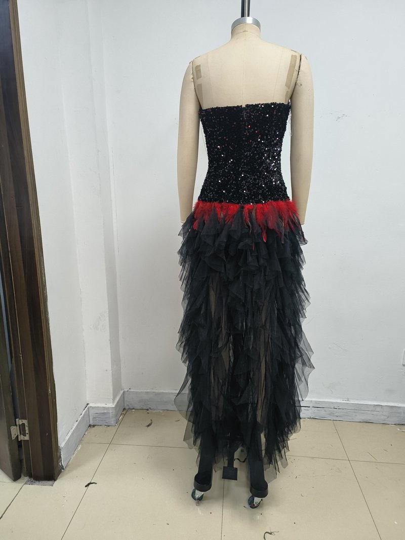 Strapless Sequin Ruffle Maxi Dress H7113