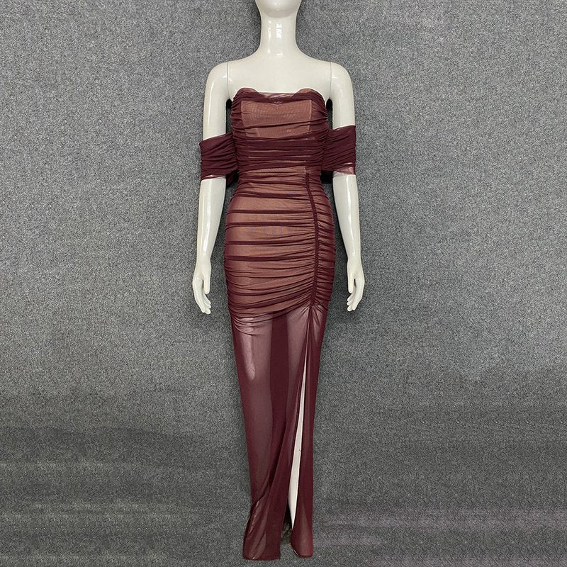 Strapless Sheer Ruched Maxi Dress H4868
