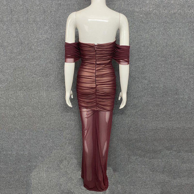 Strapless Sheer Ruched Maxi Dress H4868