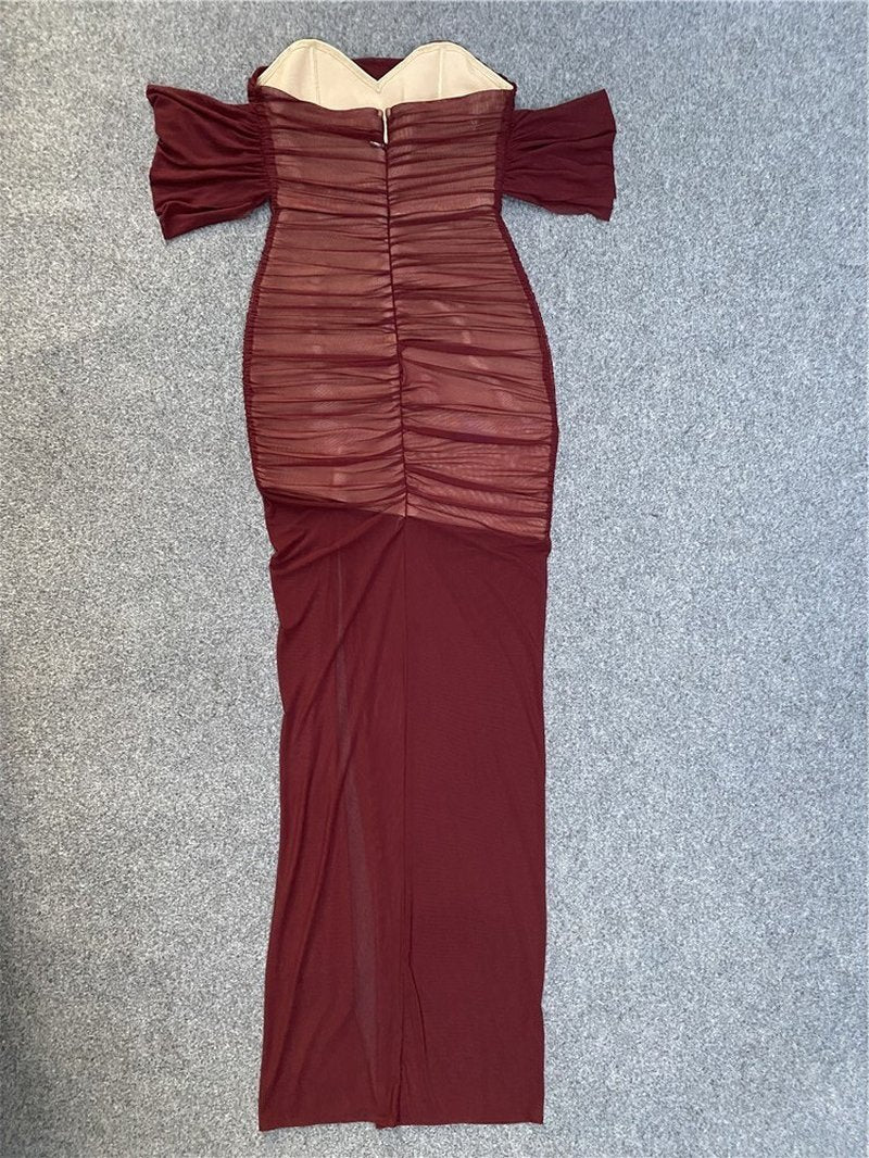 Strapless Sheer Ruched Maxi Dress H4868