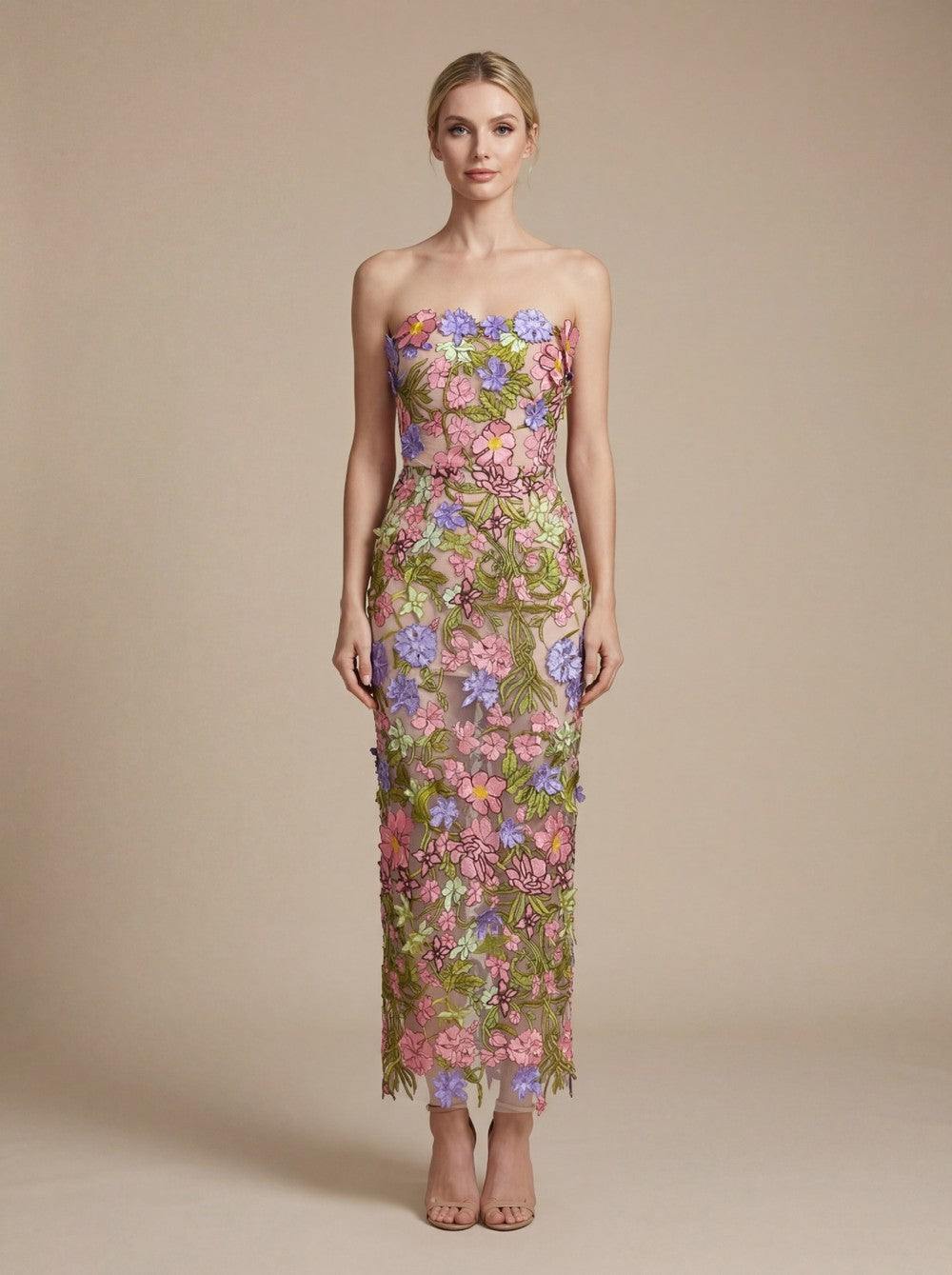 Strapless Sleeveless 3D Flower Embroidery Mesh Party Dress D26023