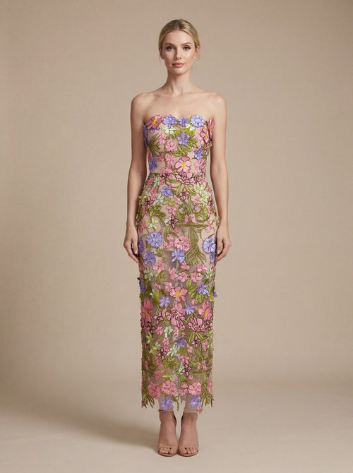 Strapless Sleeveless 3D Flower Embroidery Mesh Party Dress D26023