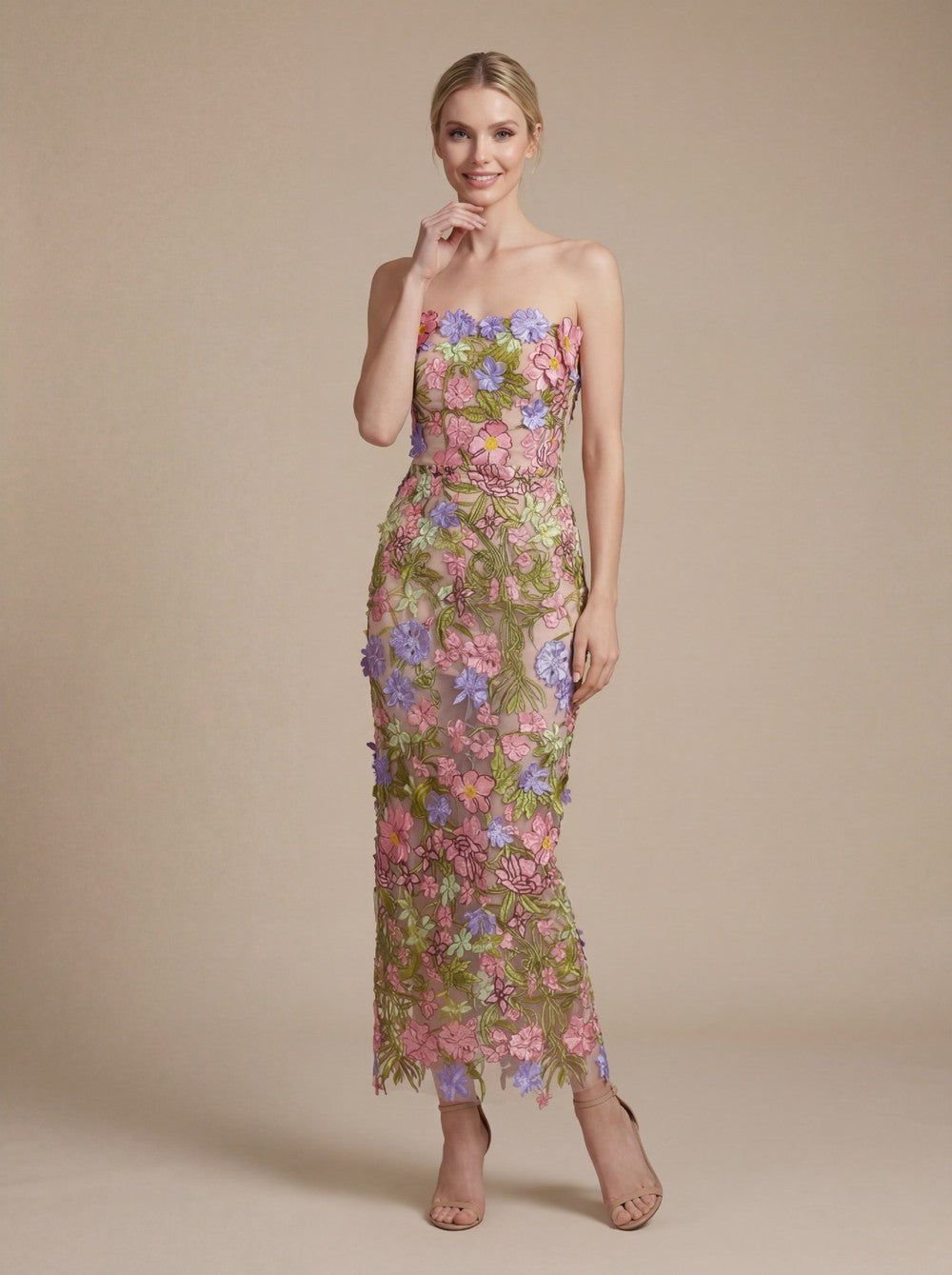 Strapless Sleeveless 3D Flower Embroidery Mesh Party Dress D26023
