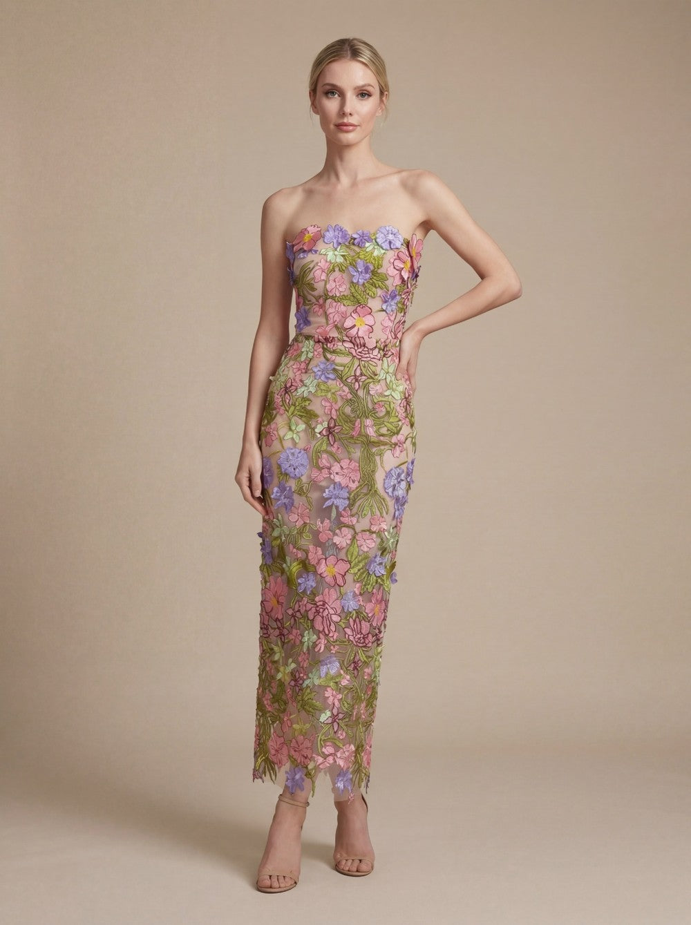 Strapless Sleeveless 3D Flower Embroidery Mesh Party Dress D26023