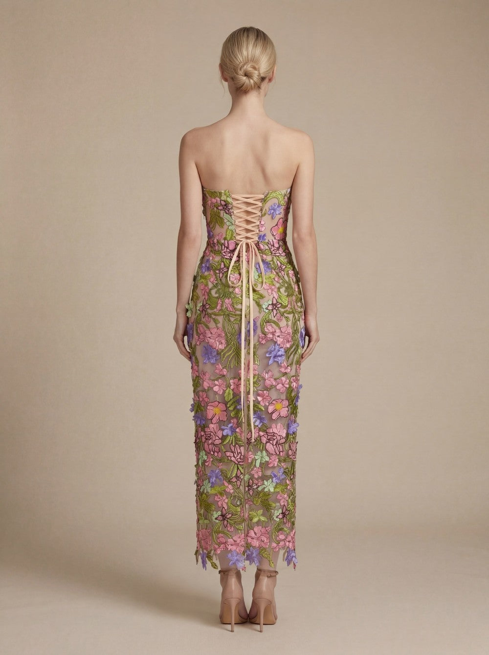 Strapless Sleeveless 3D Flower Embroidery Mesh Party Dress D26023