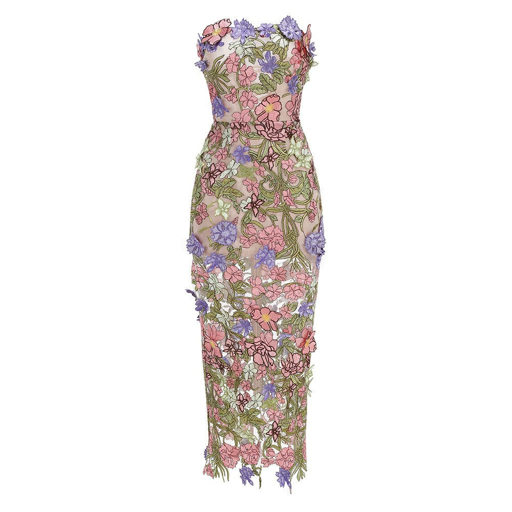 Strapless Sleeveless 3D Flower Embroidery Mesh Party Dress D26023