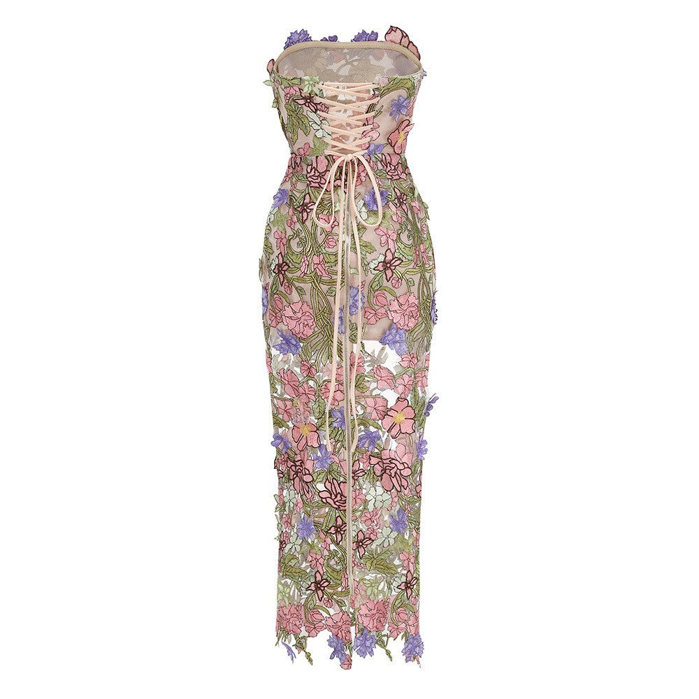 Strapless Sleeveless 3D Flower Embroidery Mesh Party Dress D26023