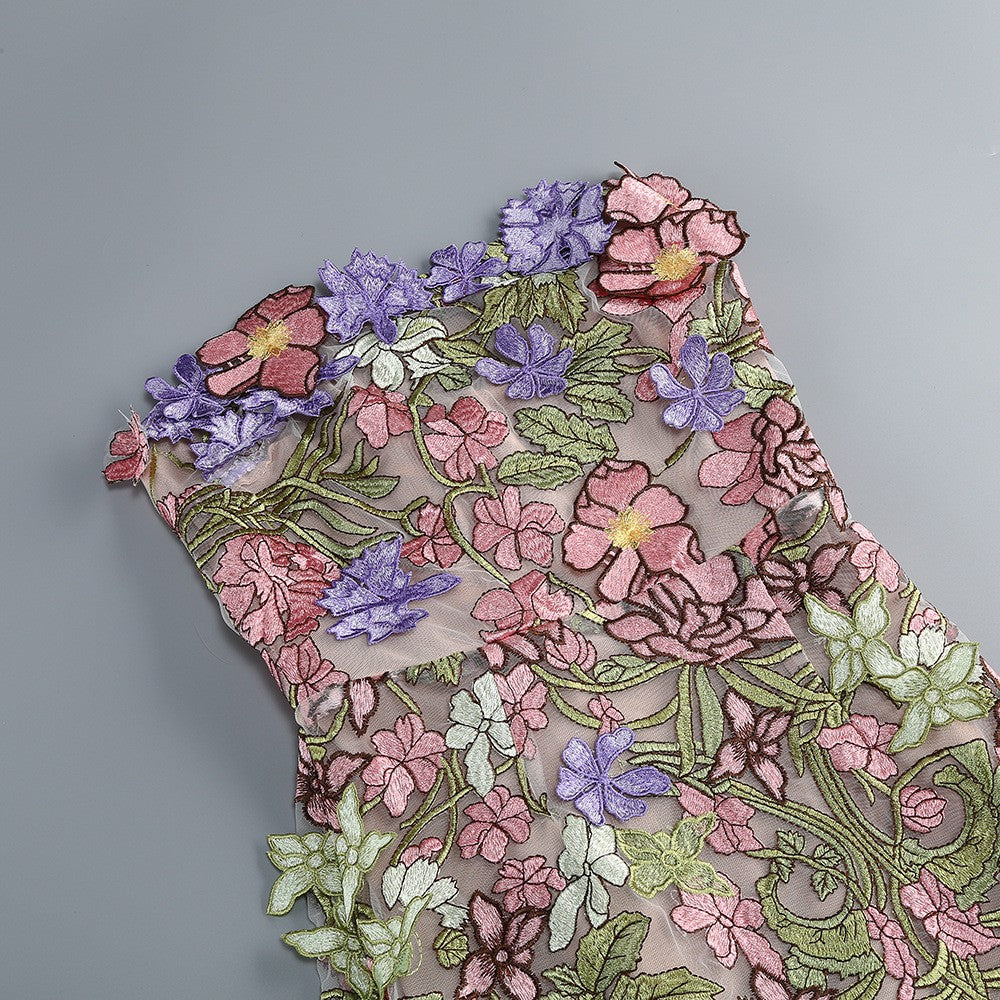 Strapless Sleeveless 3D Flower Embroidery Mesh Party Dress D26023