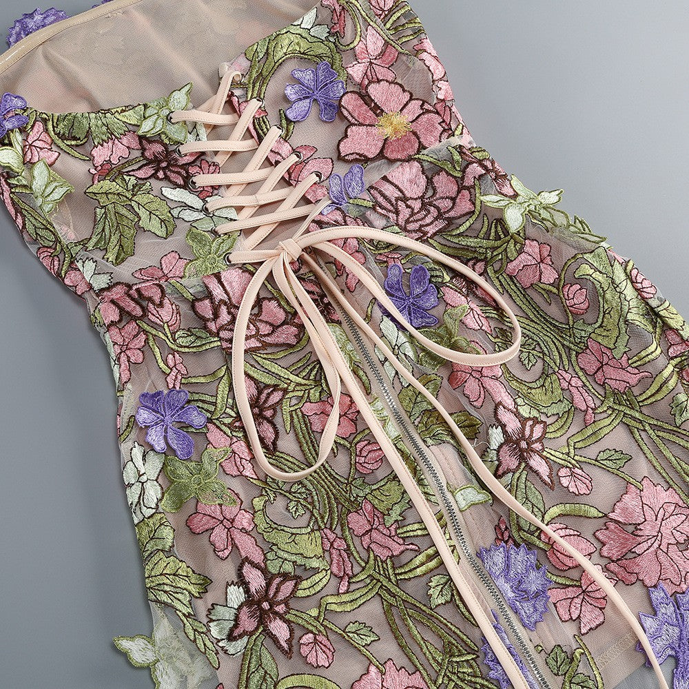 Strapless Sleeveless 3D Flower Embroidery Mesh Party Dress D26023