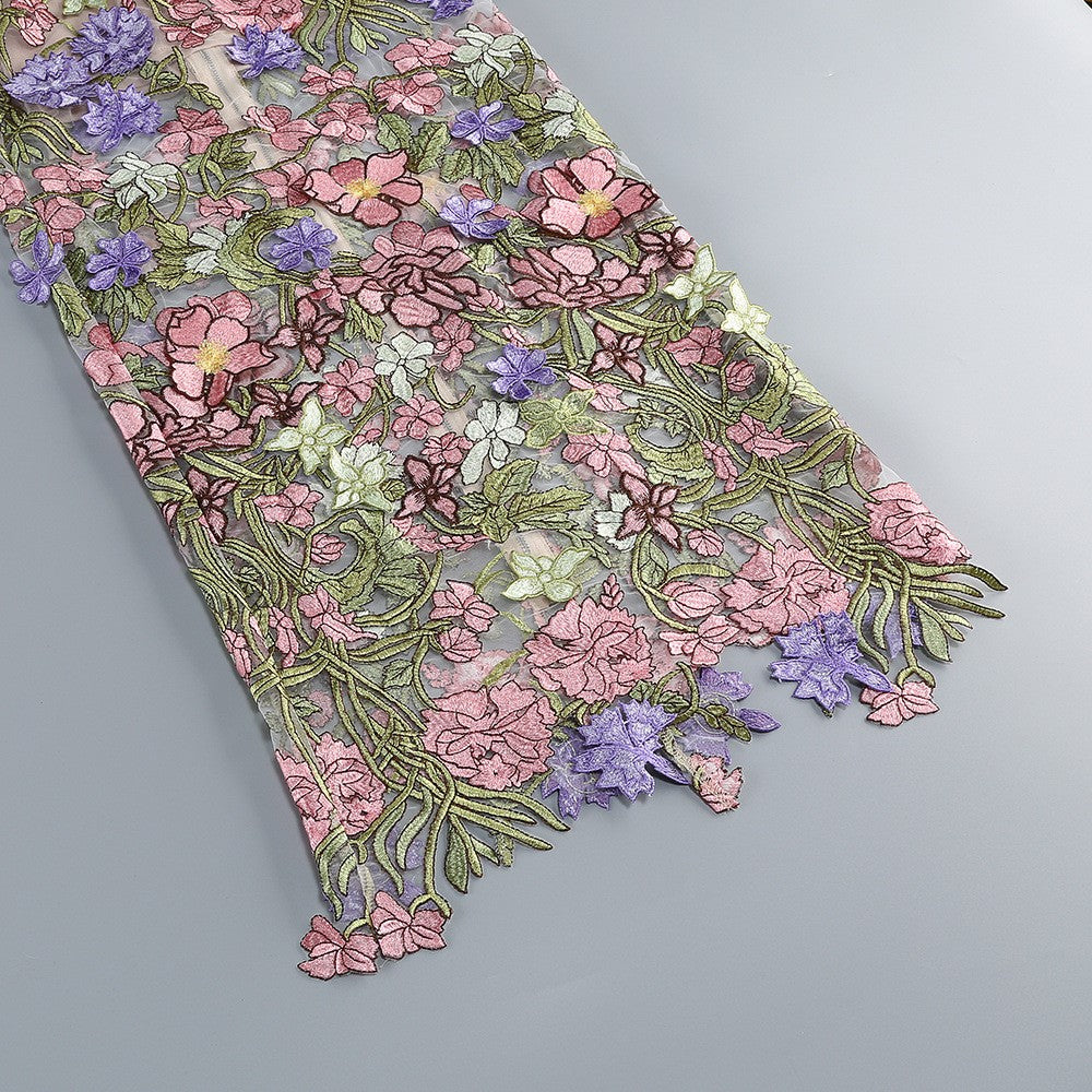 Strapless Sleeveless 3D Flower Embroidery Mesh Party Dress D26023